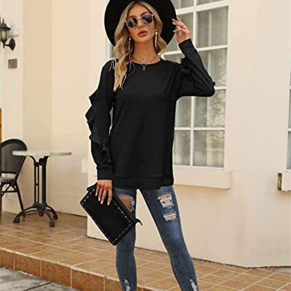 Women Pleated Long Sleeve Casual Round Neck Sweater