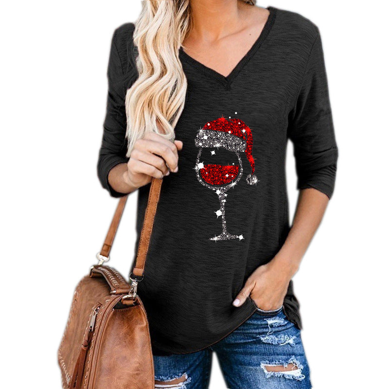 Women Christmas Wine Glass Print Plus Size Shirt