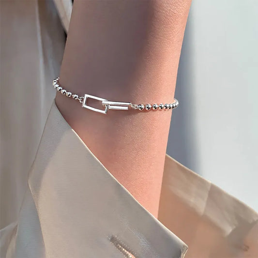Silver Geometric Square Round Bead Bracelet For Women