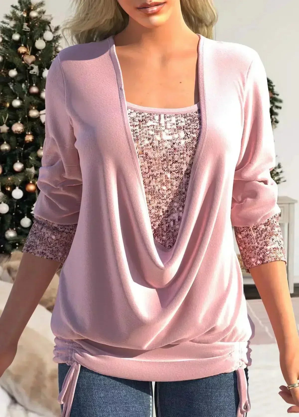 Women Luxurious Solid Color O Neck Long Sleeve Top