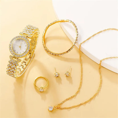 Women Rhinestone Ring + Necklace + Earring + Watch Set
