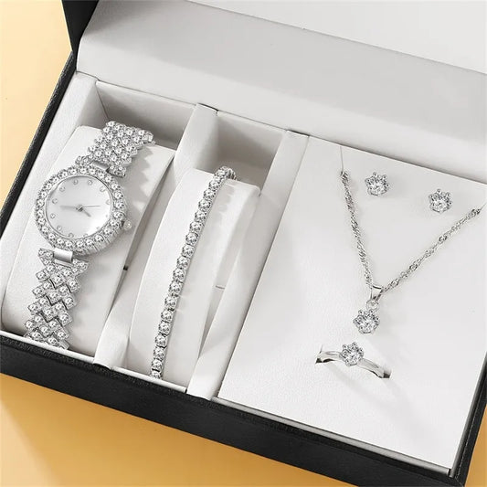 Women Rhinestone Ring + Necklace + Earring + Watch Set