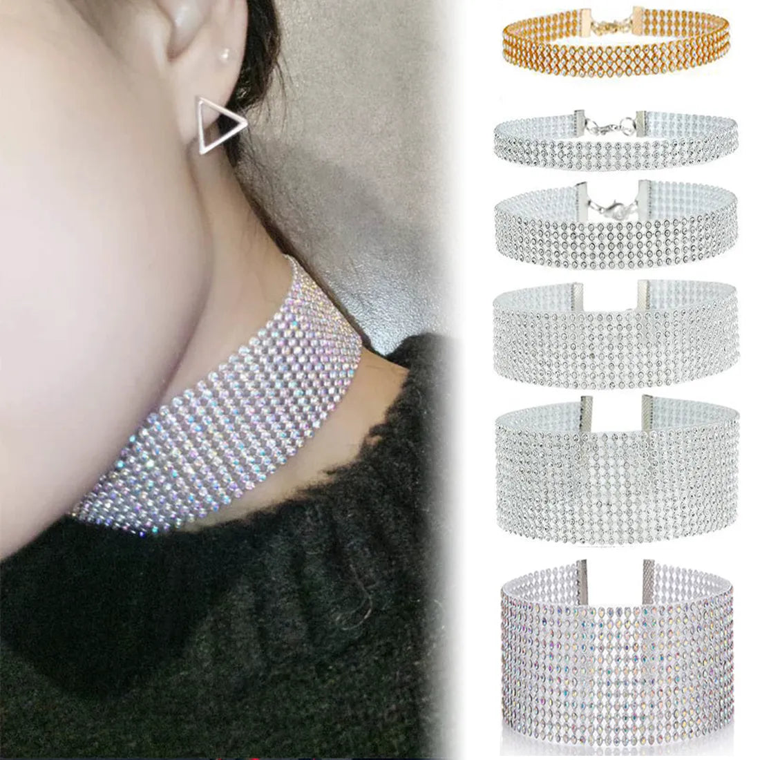 Women Cool Shiny Rhinestone Bundle Neck Necklace