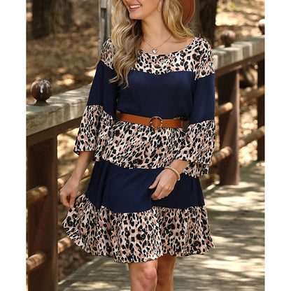 Women Printed Round Neck Pullover Bell Sleeve Dress